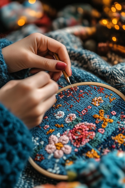 Zbliżenie na dłonie haftujące wzór ludowy